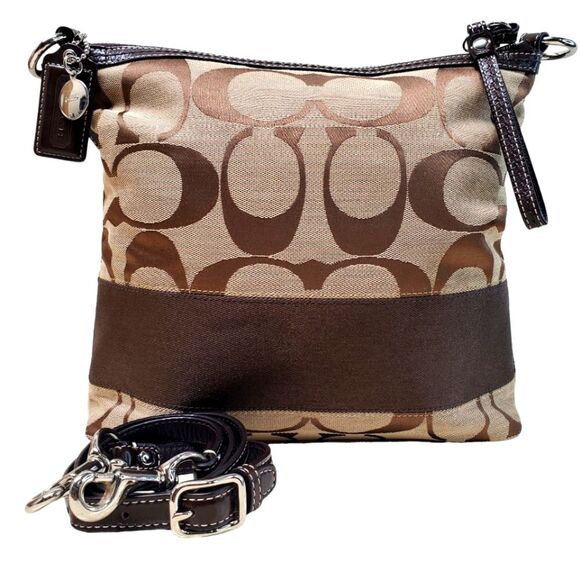 COACH Signature Khaki and Brown Stripe Convertible Canvas Shoulder Crossbody Bag - Picture 1 of 11